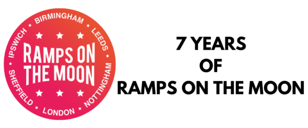 On the left hand side is the orange and pink Ramps on the Moon logo, and on the right is black text that reads '7 Years of Ramps on the Moon'.