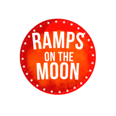 The Ramps On the Moon logo, an orange circle with white text insdie that reads: Ramps on the moon. The border of the logo has white stars going round.