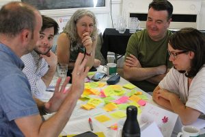 A group of the cohort sit around a table in deep discussion, with lots of post-it notes in front of them. They are working on The Social Model of Disability