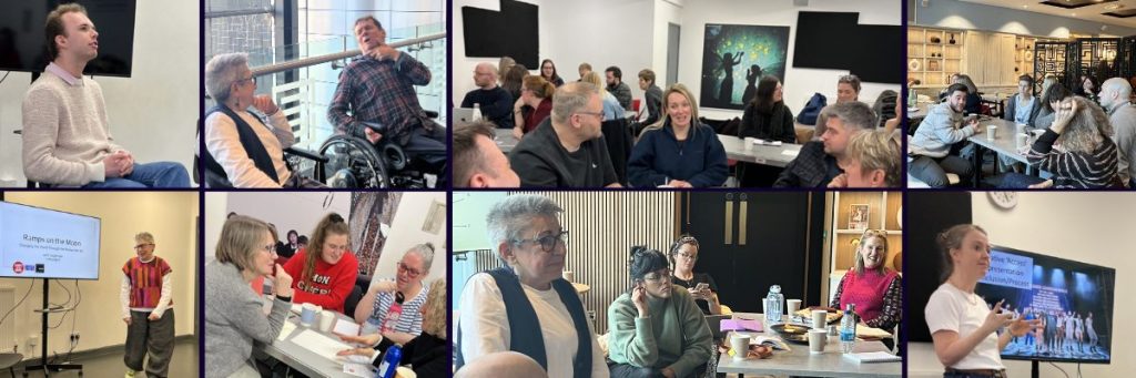 A collage of photos taken from the Change Programme cohort days in different venues, all sitting around tables, presenting and working hard