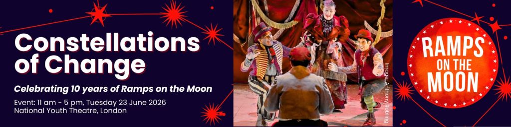 An event announcement banner with blue background, red constellations in the background and an image of Oliver Twist show with a boy with this back to the camera and three actors dressed in bright colours all smiling and laughing