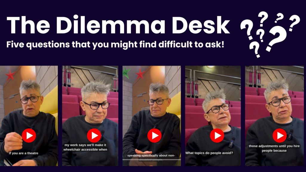 Dilemma Desk banner showing still clips from 5 different videos of Michele Taylor answering questions live and unscripted. all five images showmichele in a pensive response