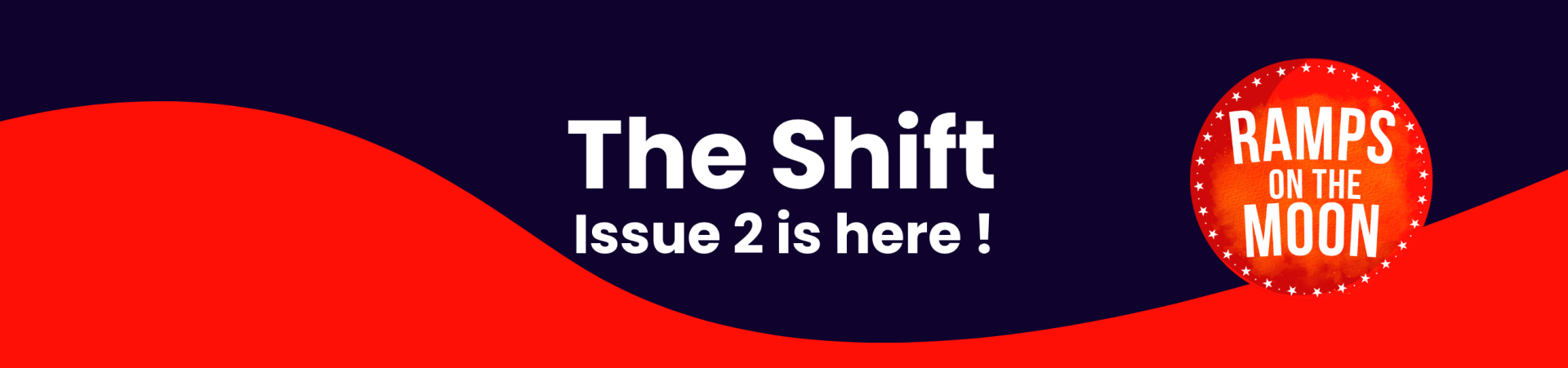 Blue rectanlge landscape, red wave at bottom, white text and the ramps logo