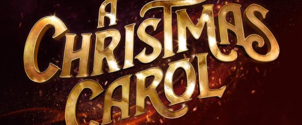 Artwork Title for A Christmas Carol. A Christmas Carol text is in gold across a dark red and glittery background.